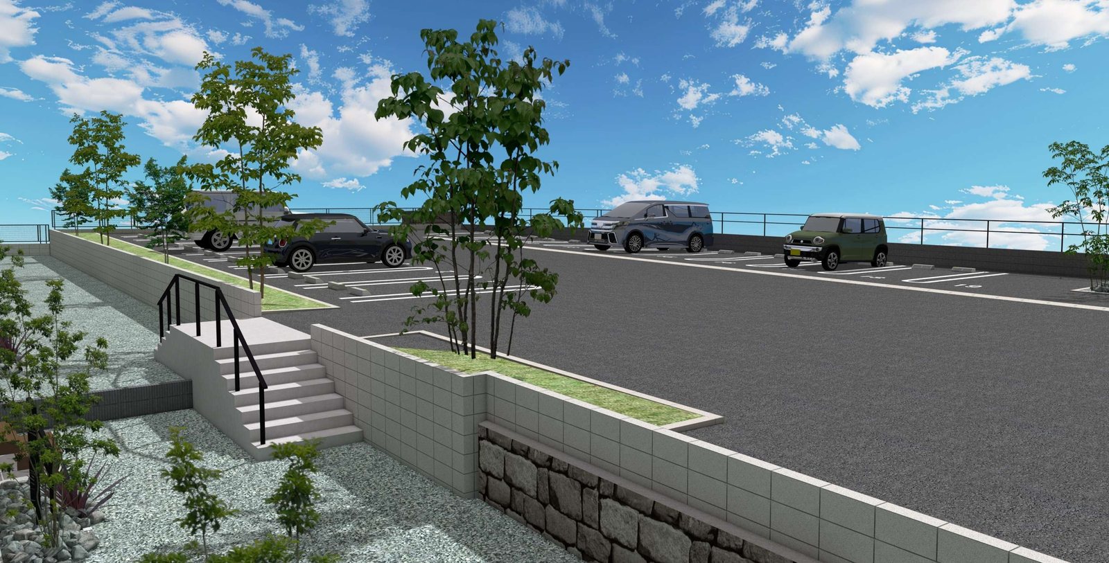駐車場と宿泊棟エリアは高低差で分節し、化粧ブロック擁壁と階段（手摺：LIXIL アーキレール）でつなぎます。